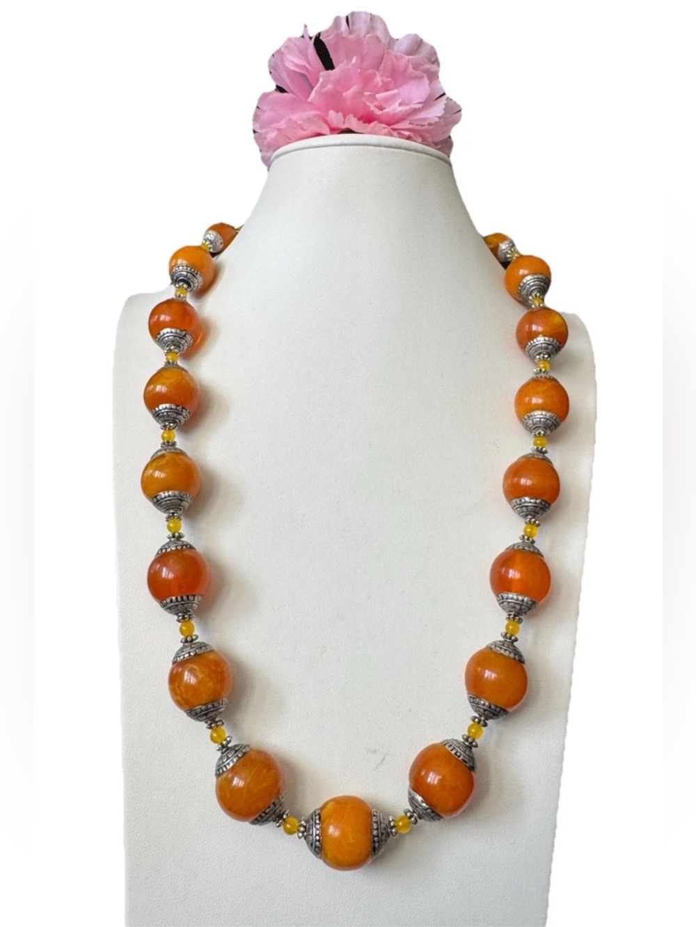 Hand carved Ethnic Tibetan Silver Capped Amber Resin necklace & Earrings Set 93g